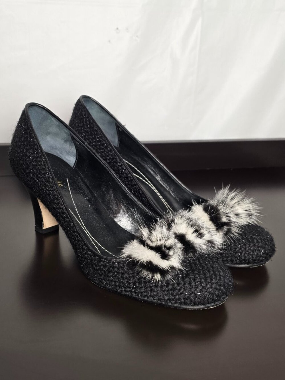 Kate Spade Black Tweed Justina Kitten Heels Striped Bow Size 7